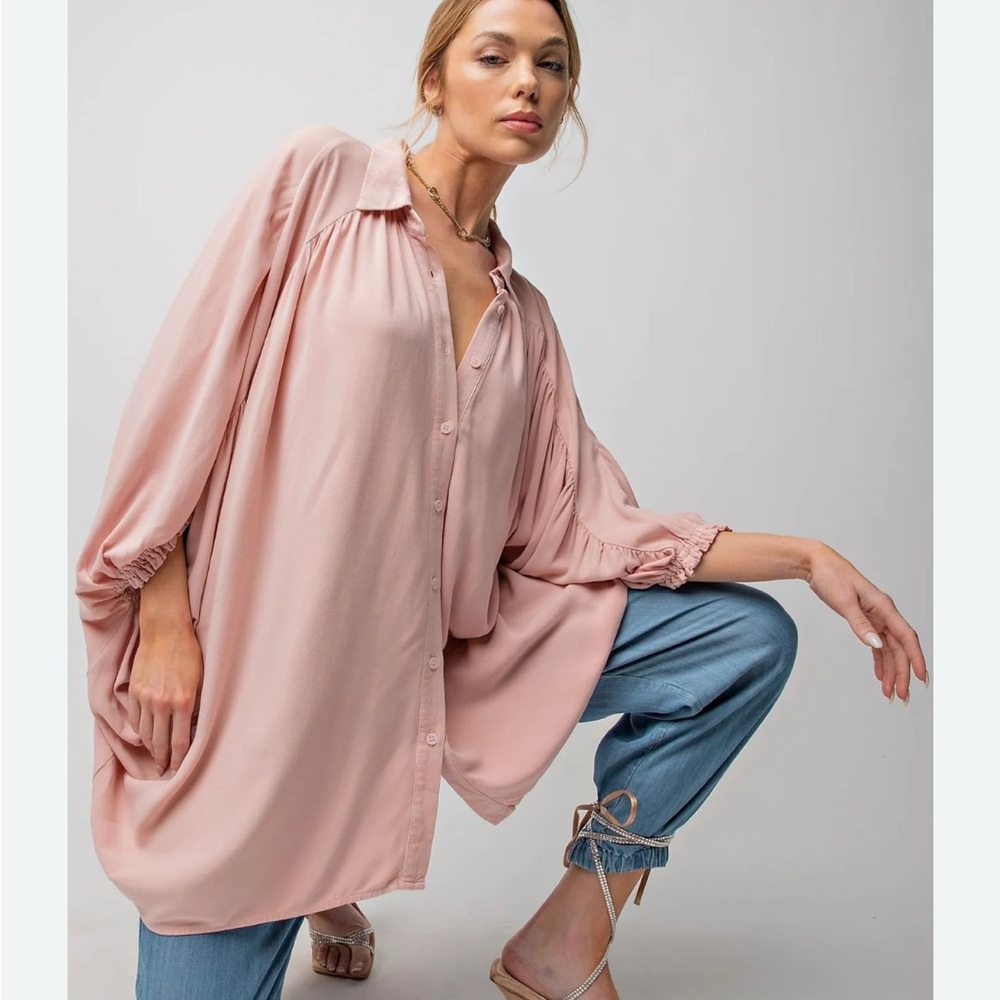 easel Blush Pink Button-Front Oversized Tunic NEW